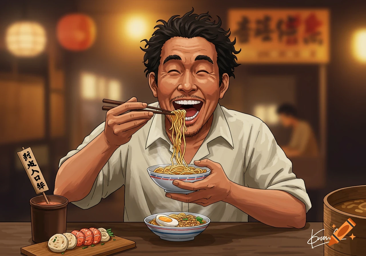 Illustration of a man happily eating a large bite of noodles with chopsticks in a restaurant.