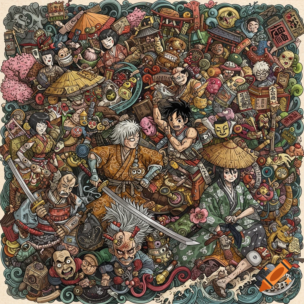 A dense, stylized illustration packed with Japanese-themed elements and anime-style characters in a busy, chaotic scene.