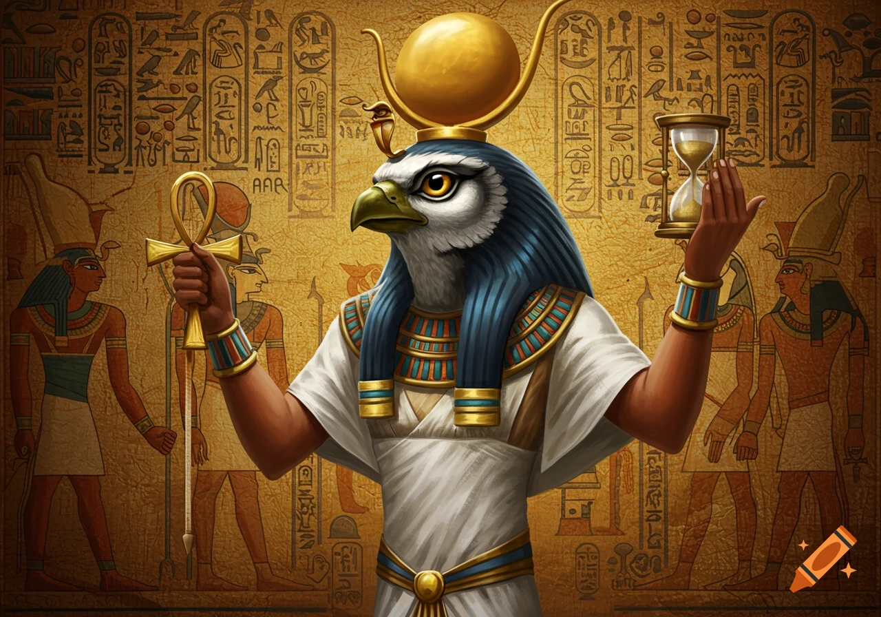 An Egyptian god with a falcon head wearing a headdress, holding an ankh and an hourglass against a wall of hieroglyphs.
