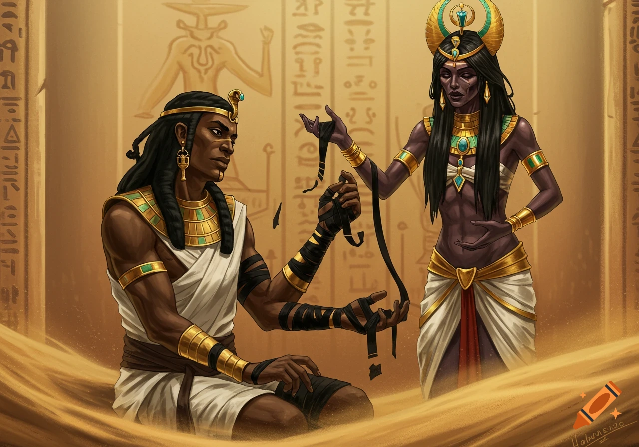 An illustrated fantasy image of two figures in ancient Egyptian garb in the desert with hieroglyphs.