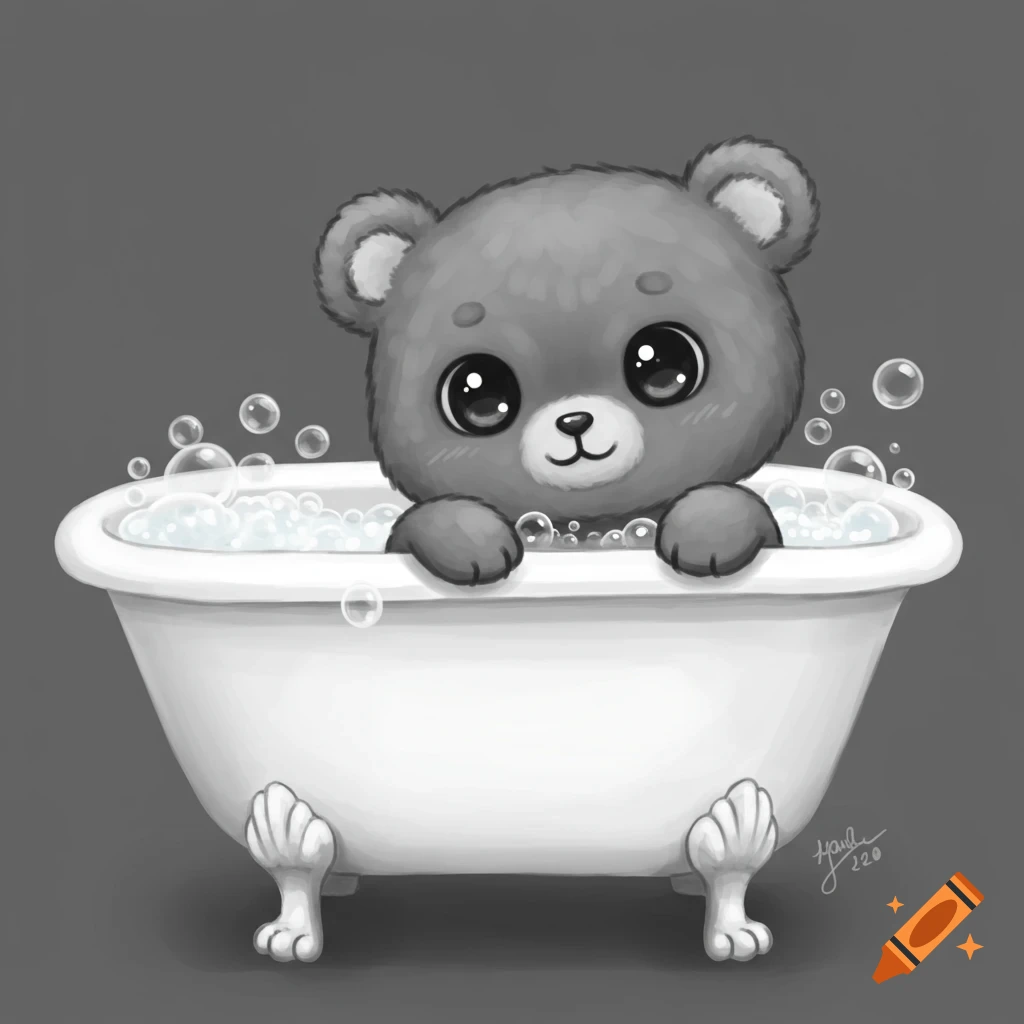 Cute grayscale illustration of a bear cub sitting in a bubble bath