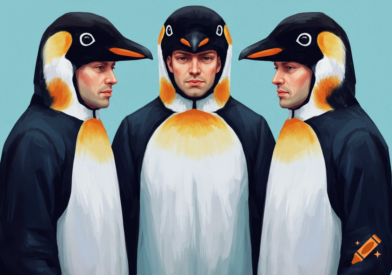Three men wearing full penguin costumes stand close together, painted style