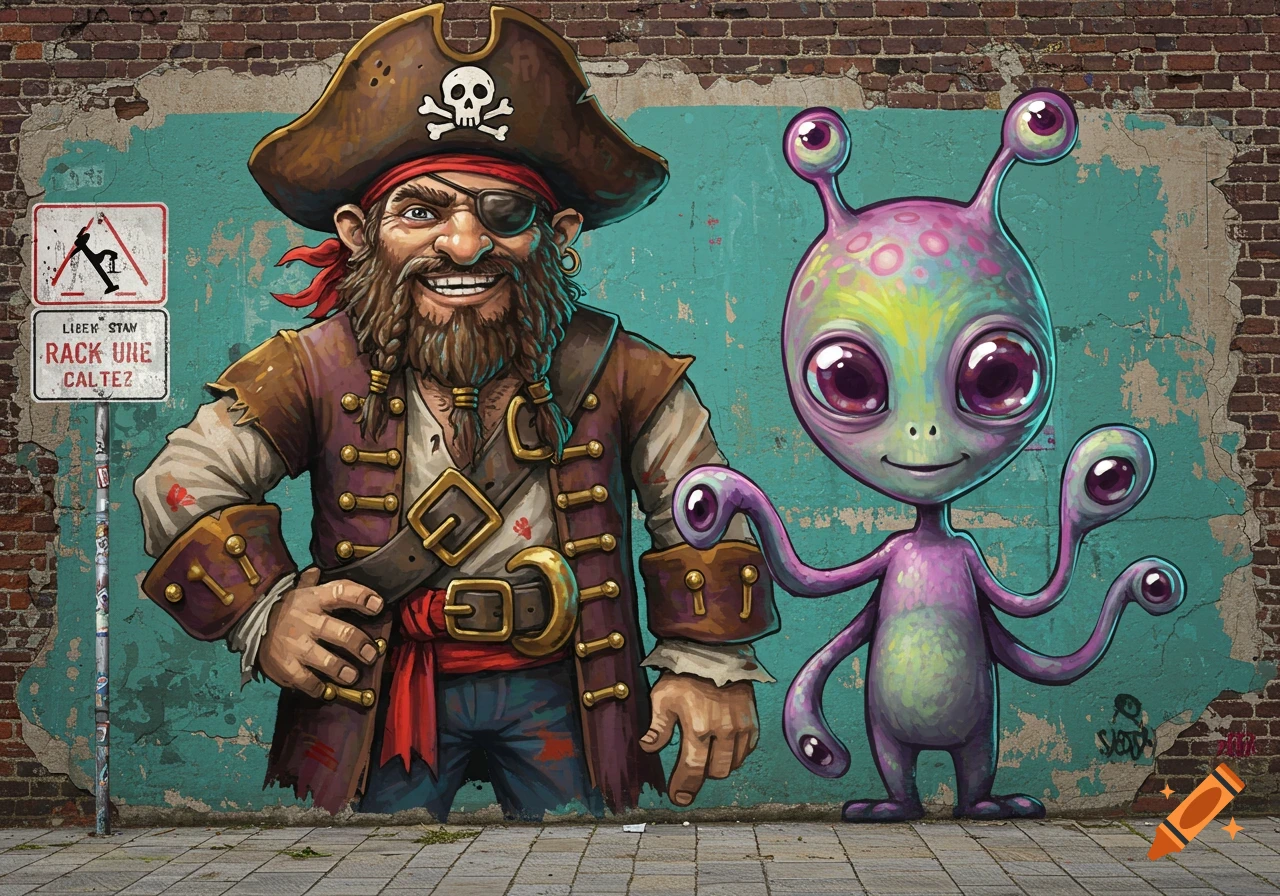 Street art mural of a cartoon pirate with an eyepatch and a purple alien with multiple eyes on a brick wall.
