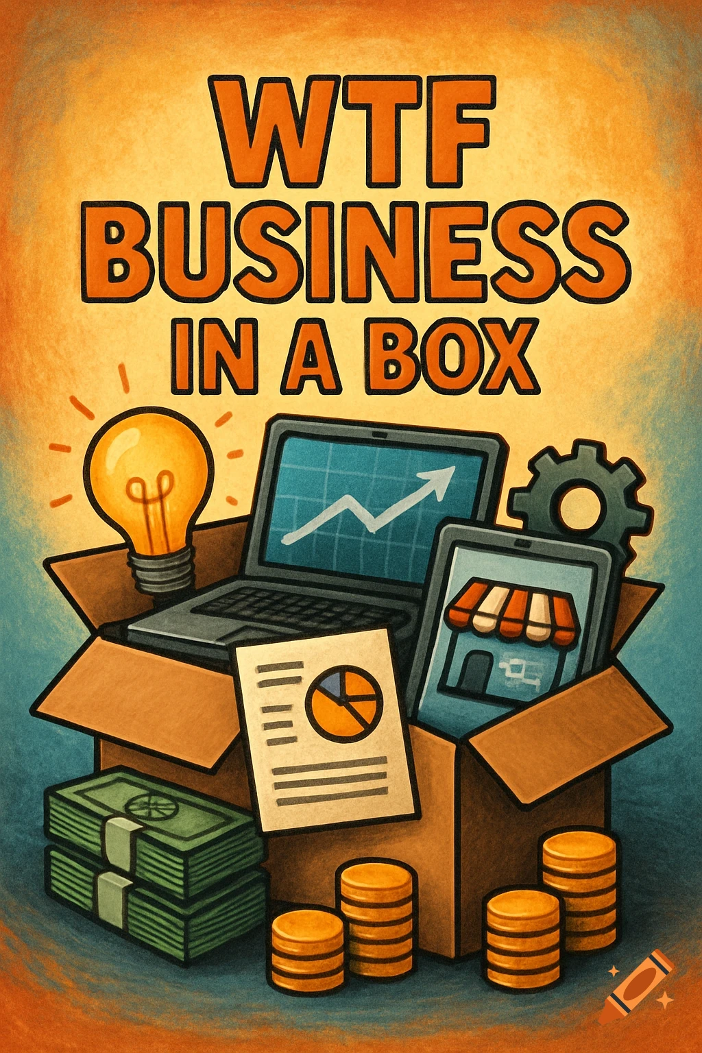 Illustration of a business concept in a box with text 'WTF Business in a Box', laptop, lightbulb, money, and documents.