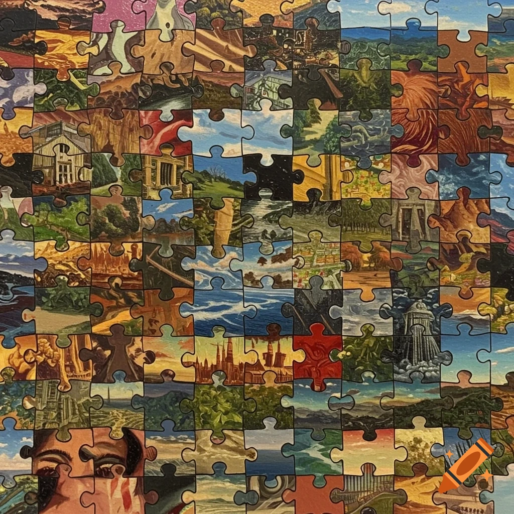 Close-up of a completed jigsaw puzzle where each piece shows a different miniature image of landscapes, buildings, and abstract patterns.
