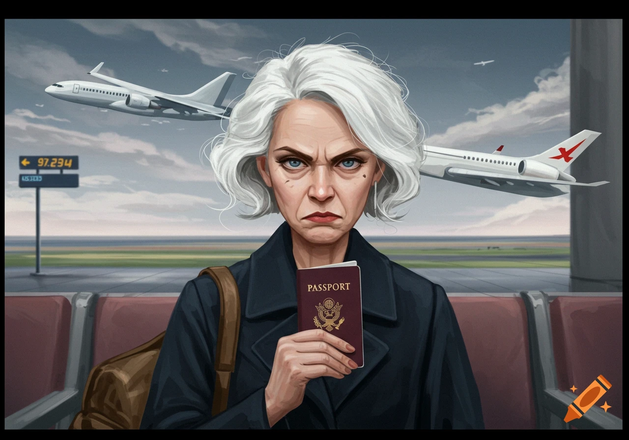 A grumpy older woman with white hair holds a passport at an airport with planes in the background.