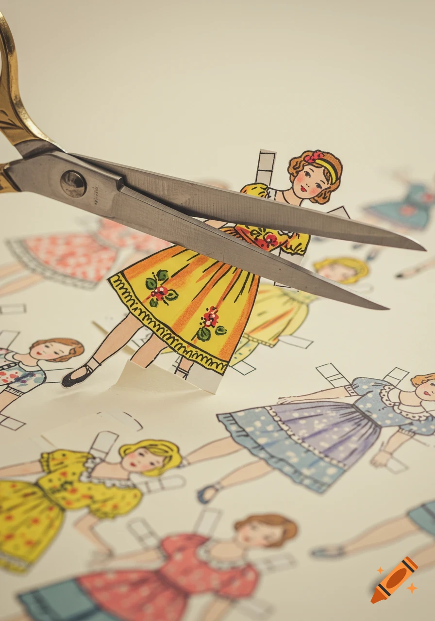 Scissors cutting a vintage paper doll from a sheet.