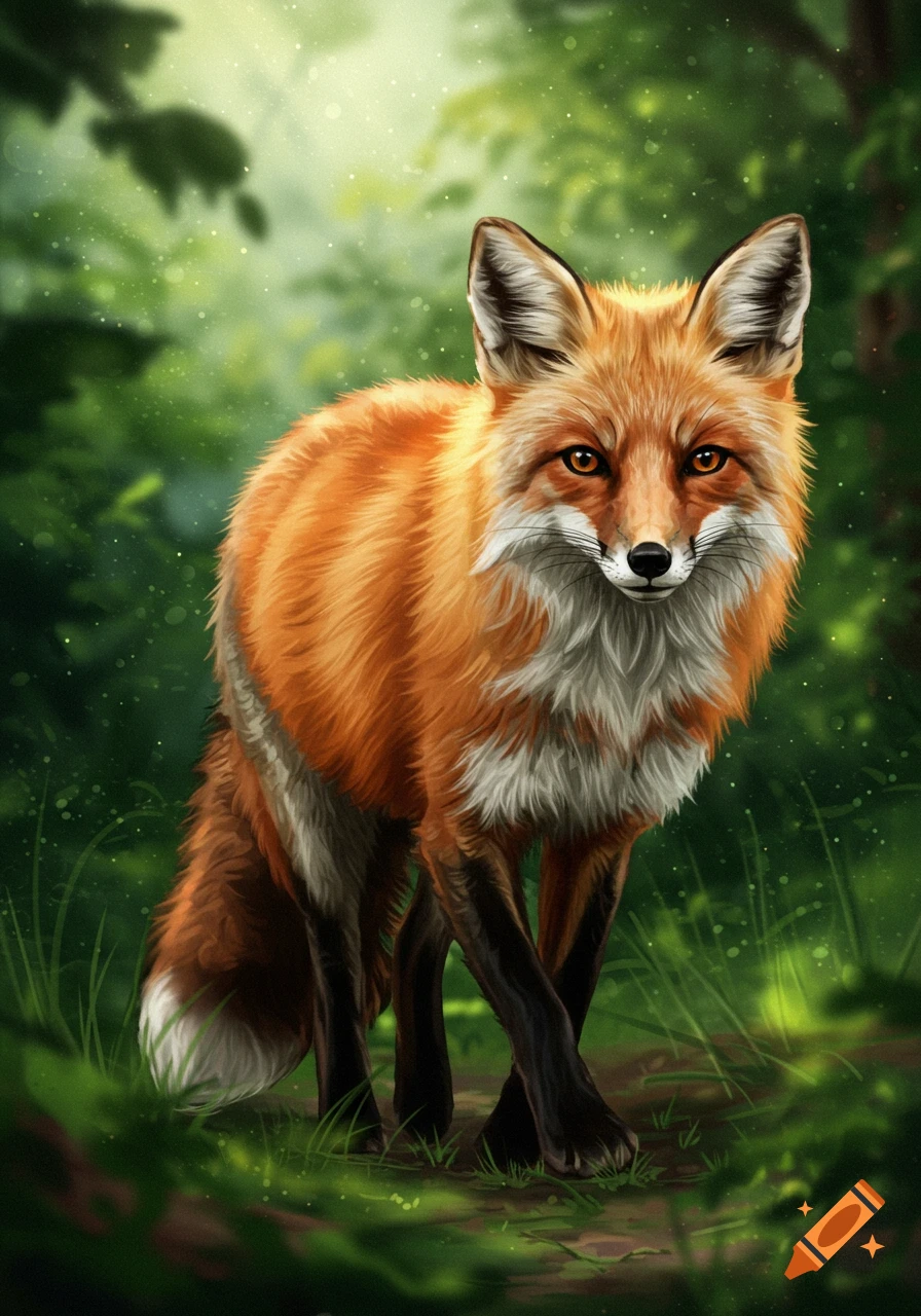 A red fox stands in a dappled forest clearing, digital illustration