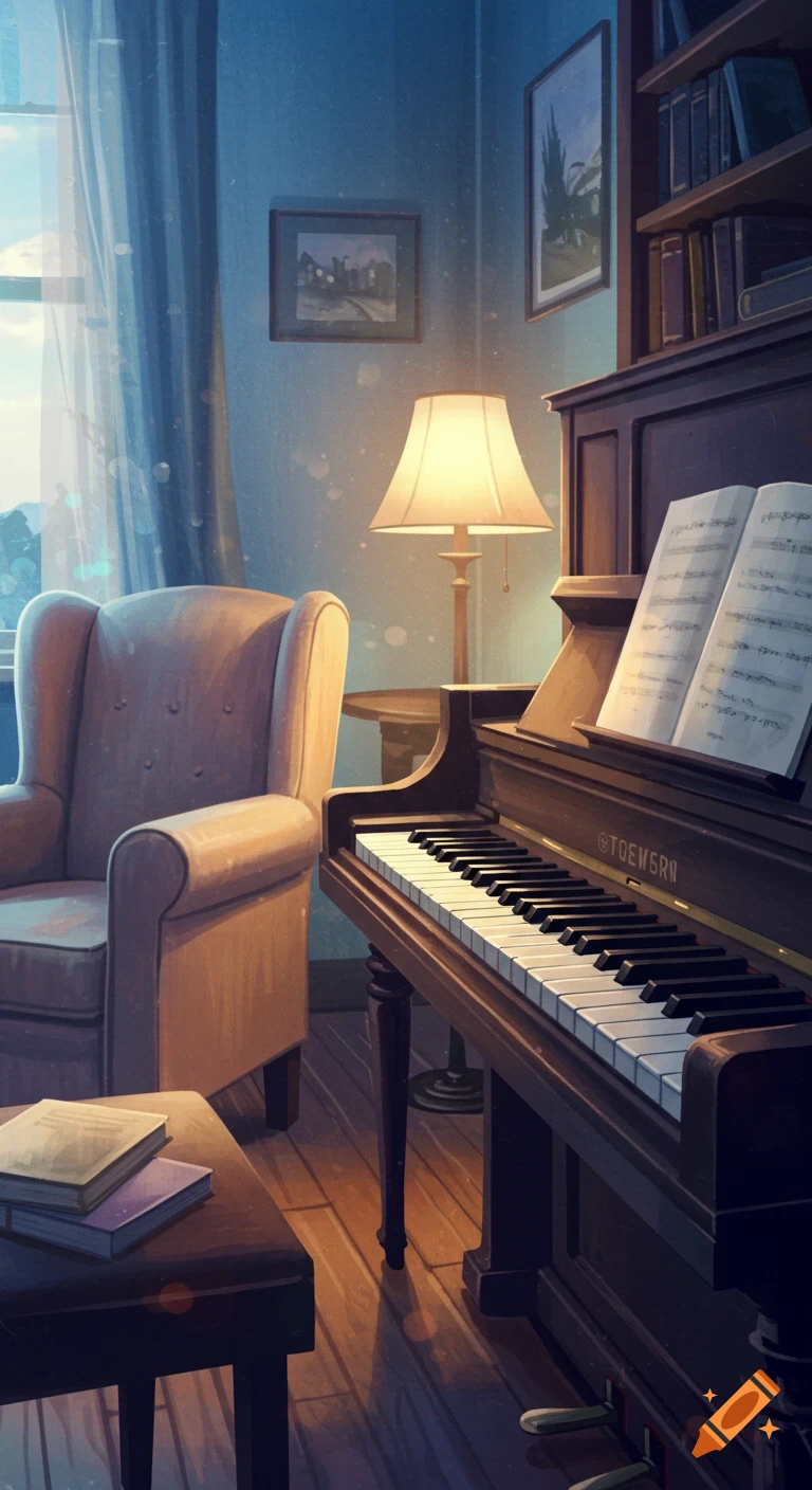 A cozy room interior with a piano, armchair, lamp, and bookshelf in an anime style.
