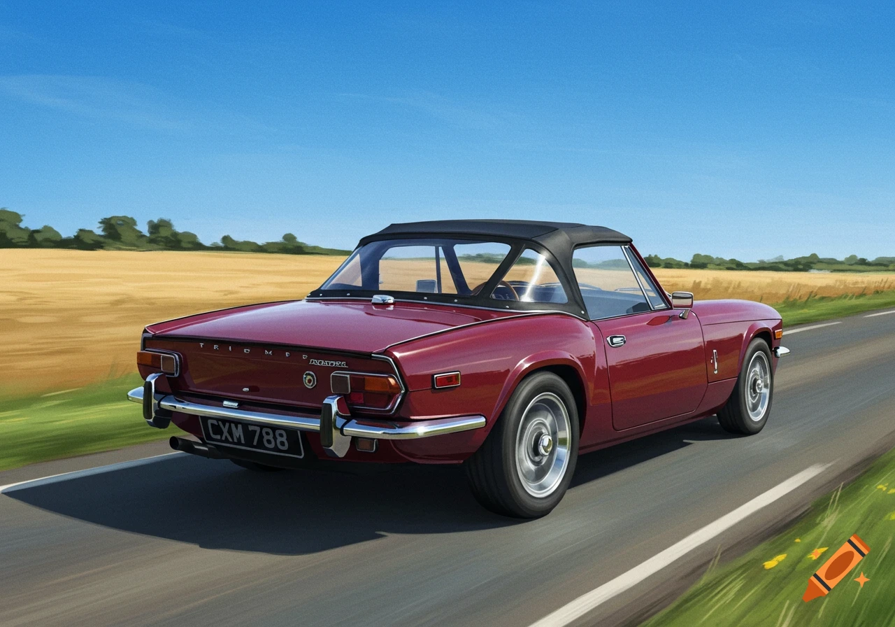 Maroon Triumph Spitfire 1500 convertible drives on a rural road.