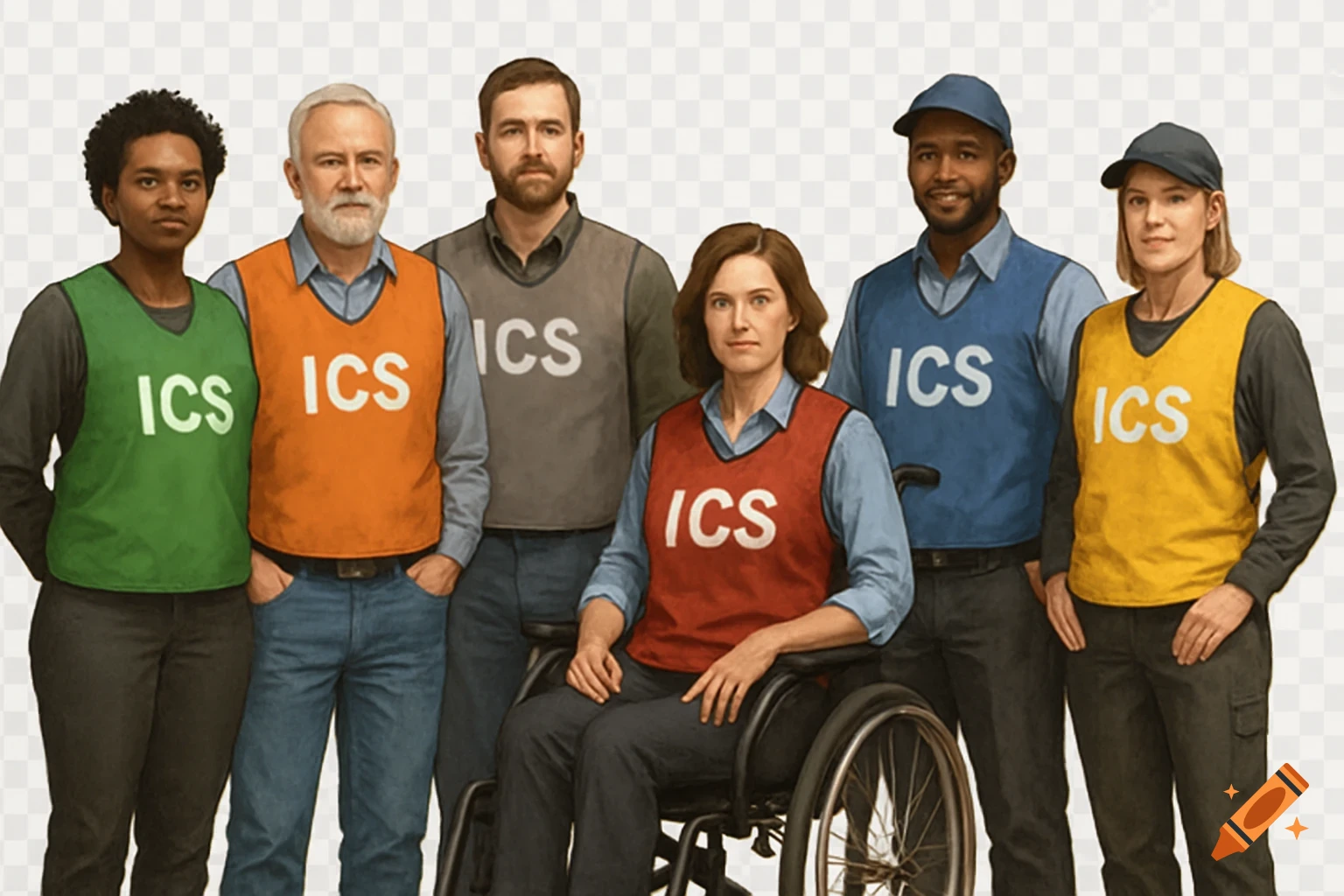 Diverse group of people in colored vests with 'ICS' written on them, including a person in a wheelchair.