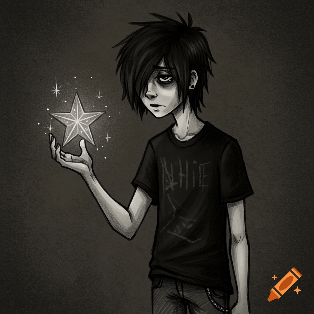 A sketch drawing of an emo boy holding a sparkling star.