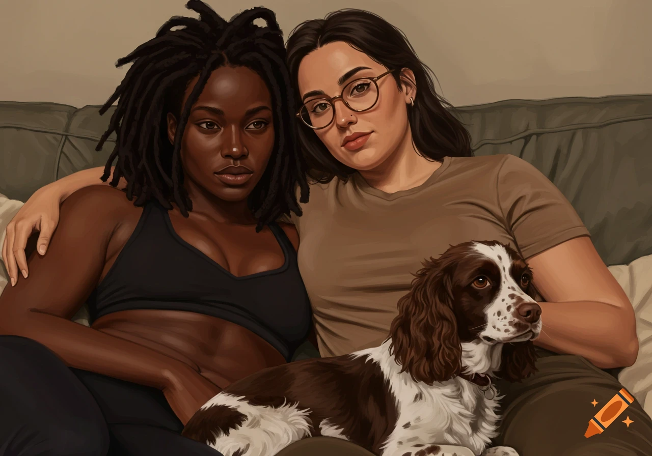 Two women and a dog lounge together on a couch in a realistic style