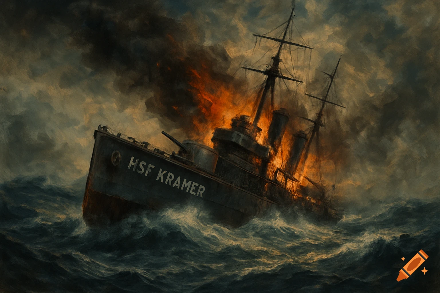 A warship named HSF Kramer is sinking and engulfed in flames on a stormy sea, painted in a dramatic style.