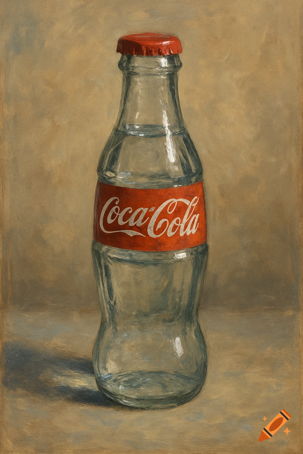 Painting of a glass Coca-Cola bottle with a red cap.