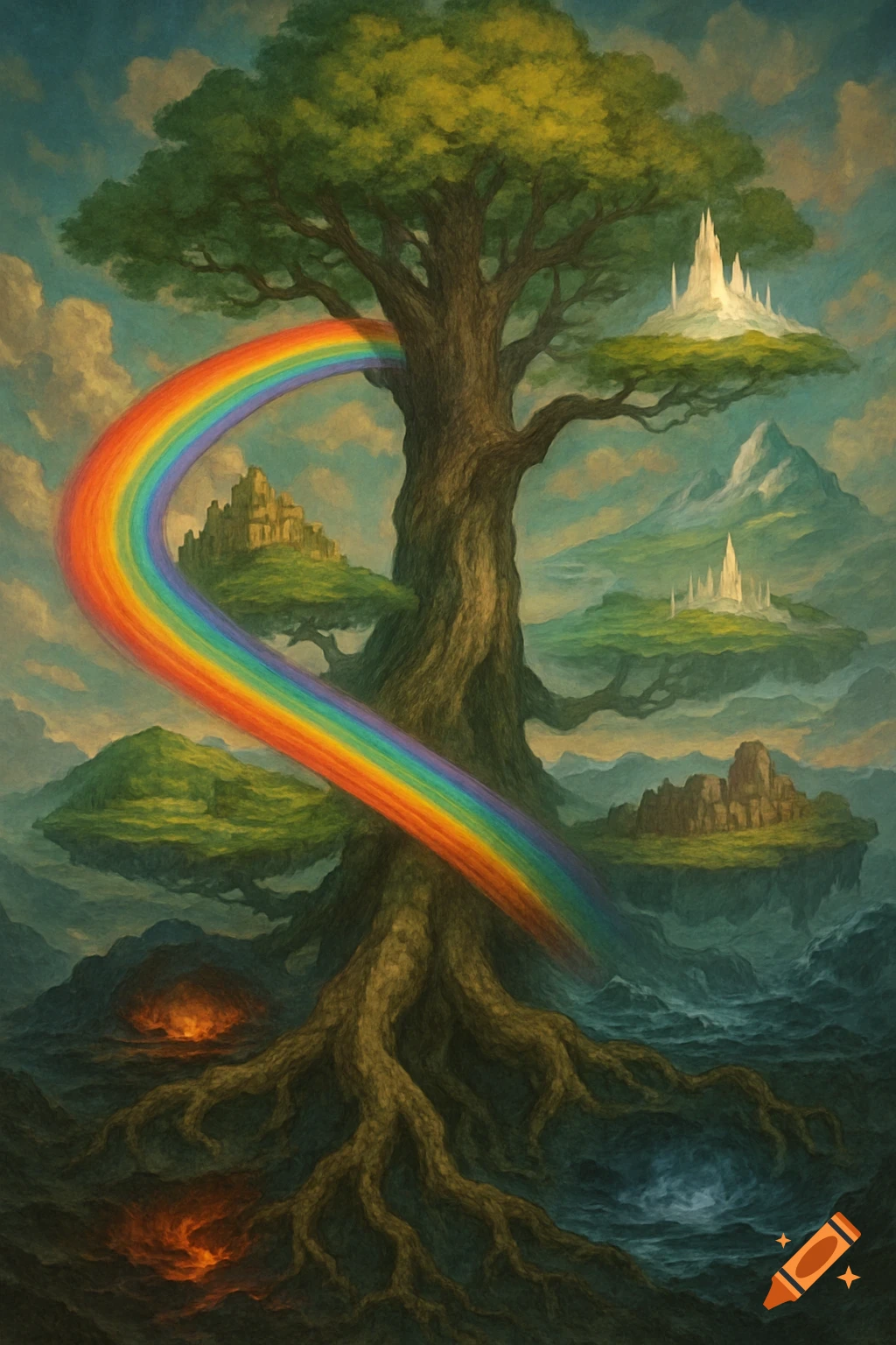 Painterly fantasy art of a giant tree (Yggdrasil) connecting floating islands representing nine worlds via a rainbow (Bifrost).