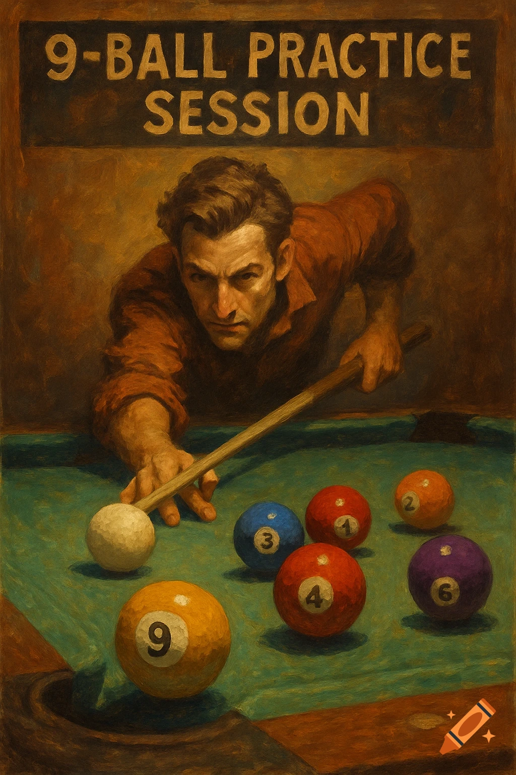 Man plays pool in a painterly style, under a sign that says "9-BALL PRACTICE SESSION".