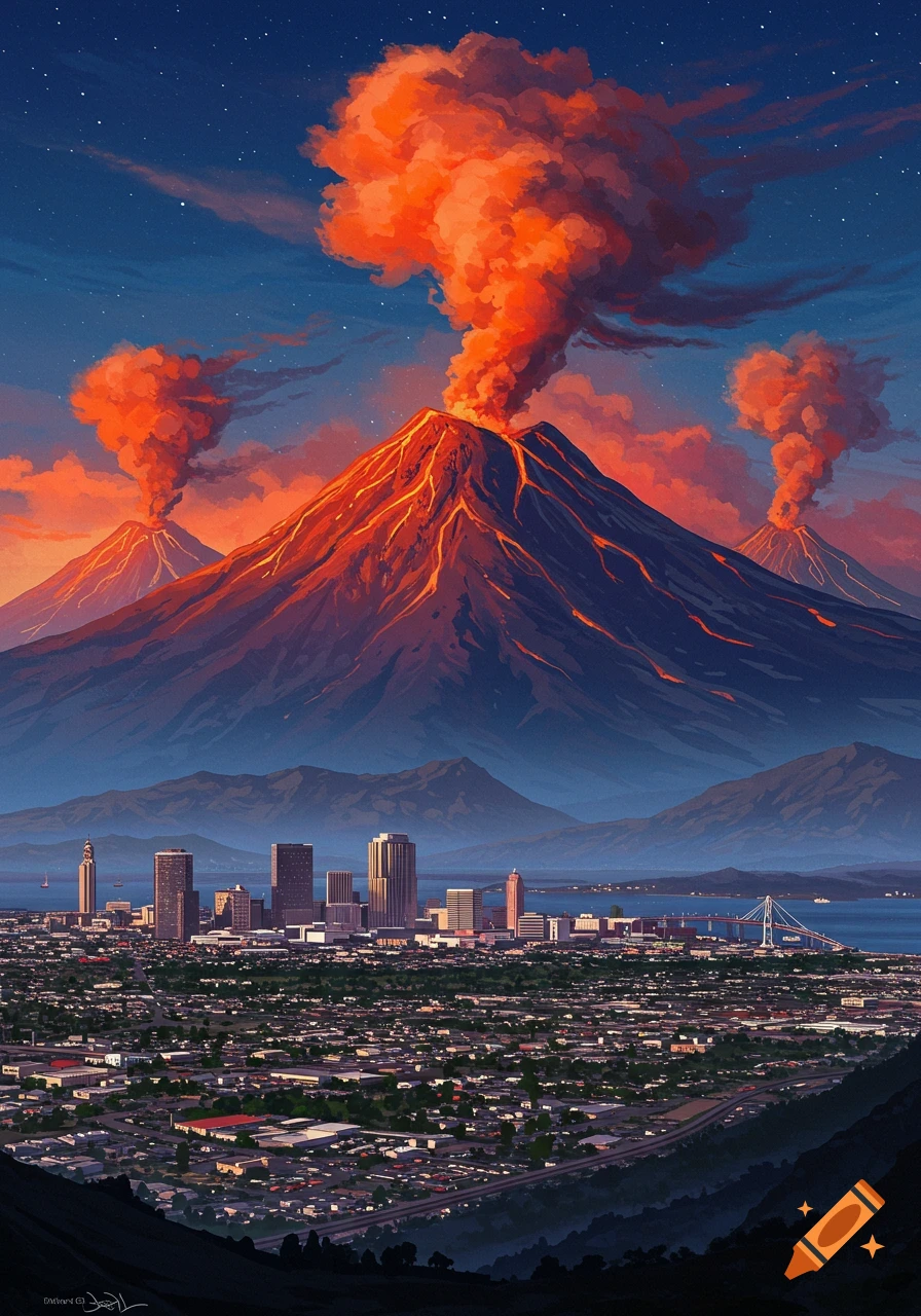 Digital painting of red-hot volcanoes erupting over a city skyline and bay at sunset.