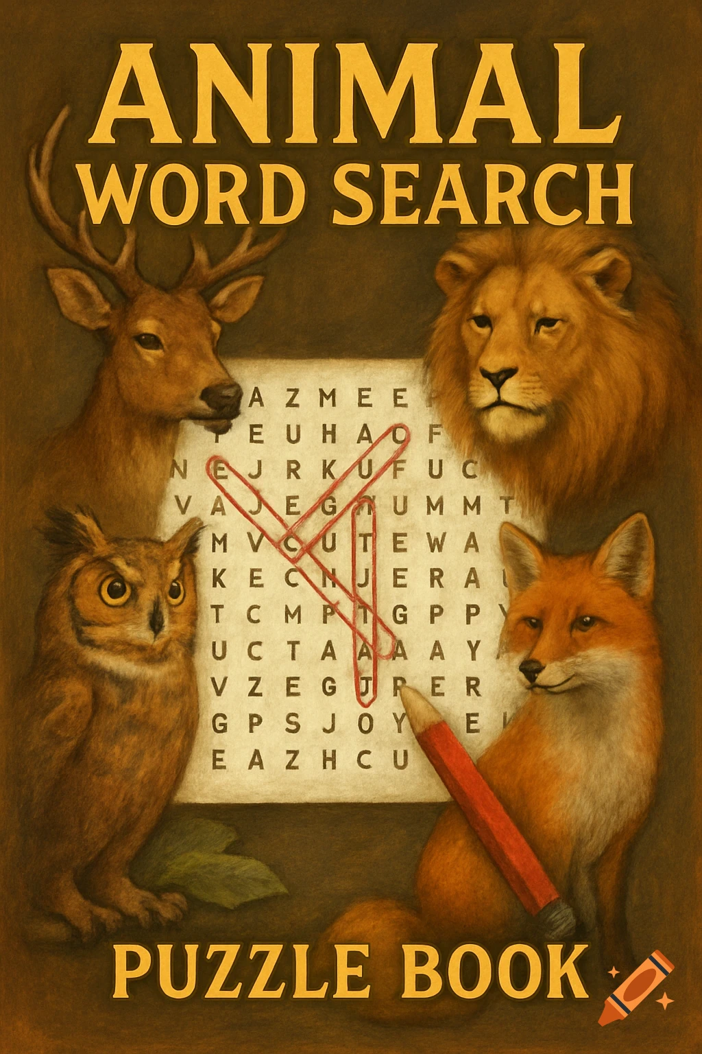Illustration of an animal word search puzzle book cover featuring a deer, lion, owl, and fox around a word search grid.