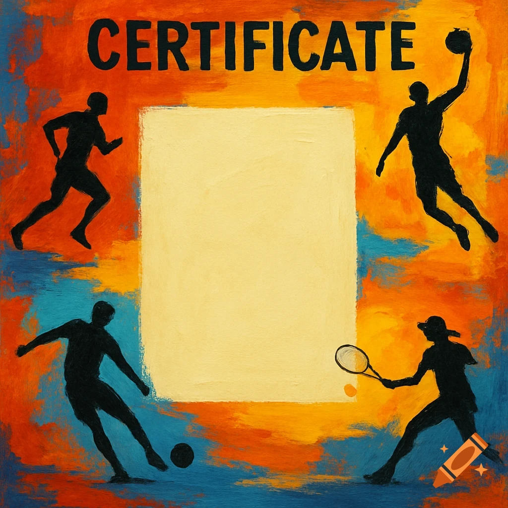 A certificate design with the word 'CERTIFICATE' across the top, surrounded by silhouetted sports figures in a bold, painterly style.