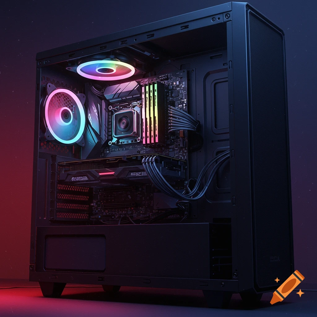 Close-up view of a computer PC build with RGB lighting on fans and RAM.