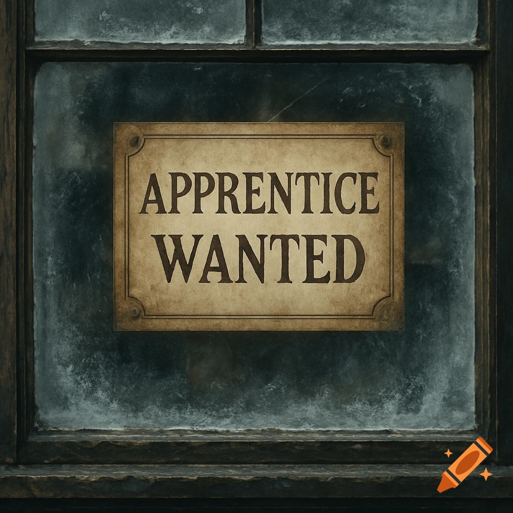 An old sign reading 'Apprentice Wanted' in a frosted shop window.