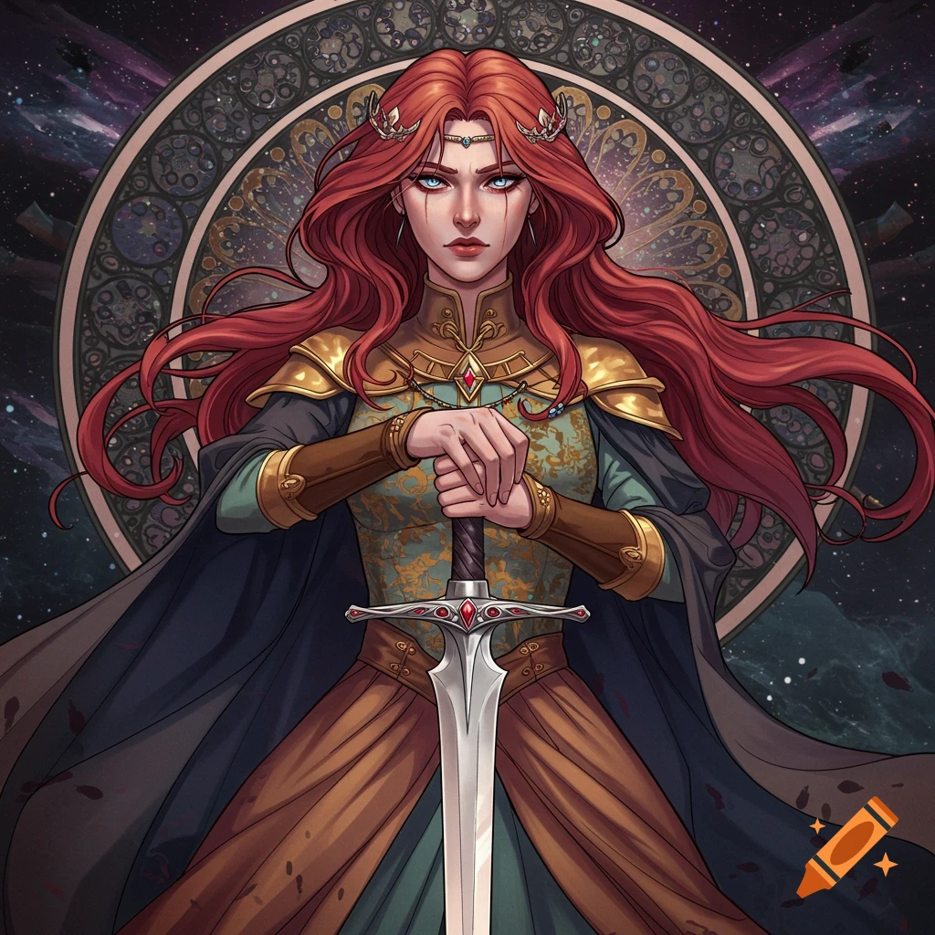 A red-haired fantasy warrior woman holding a sword against a celestial background.