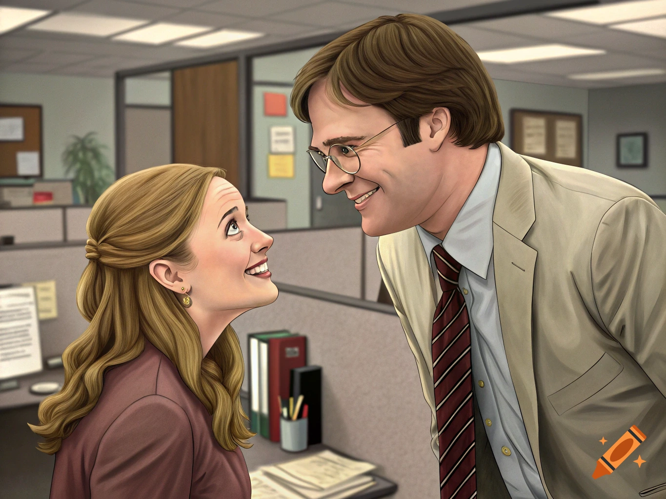 Illustration of Pam Beesly and Dwight Schrute from The Office smiling and looking at each other in an office.