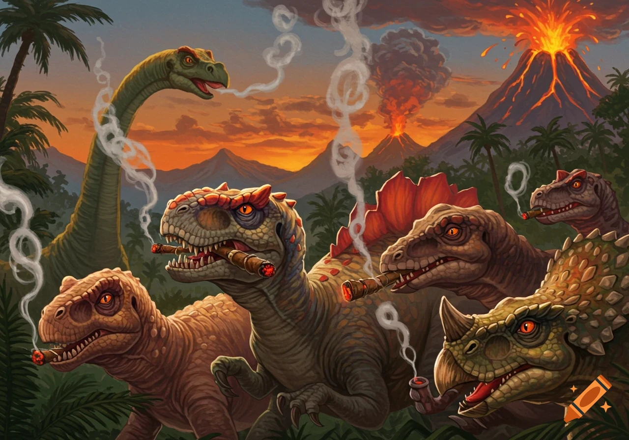 Dinosaurs smoking cigars and pipes in a prehistoric landscape with erupting volcanoes.