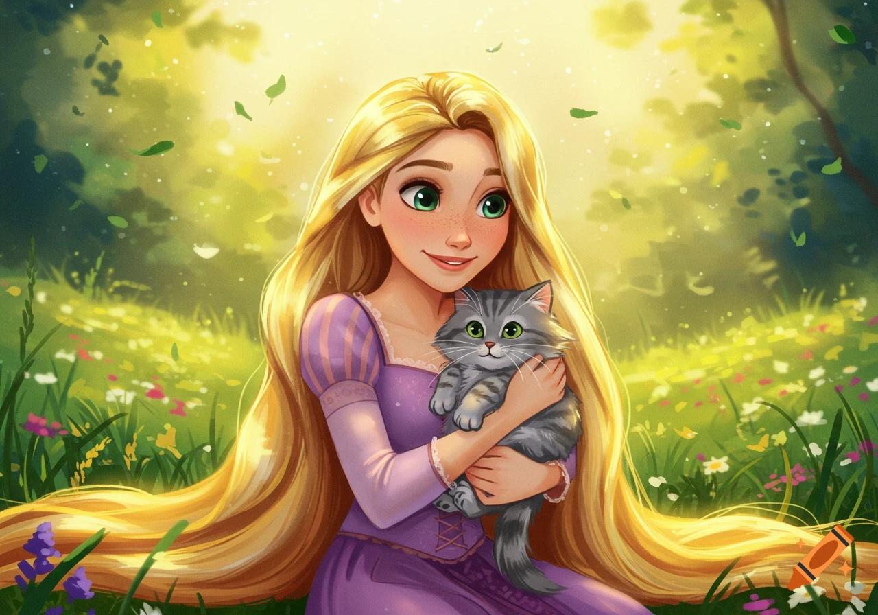 Cartoon character with long blonde hair holding a gray cat in a sunlit field, illustration style.