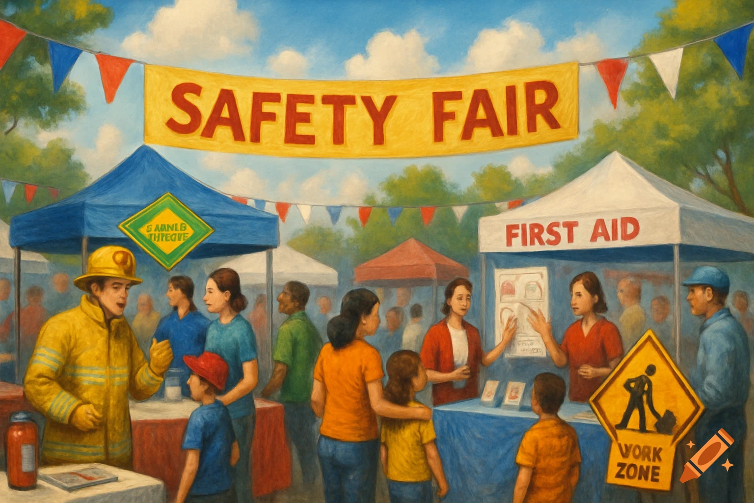 A painting of a safety fair with people browsing tents labeled 'SAFETY FAIR' and 'FIRST AID', featuring a firefighter speaking to attendees.