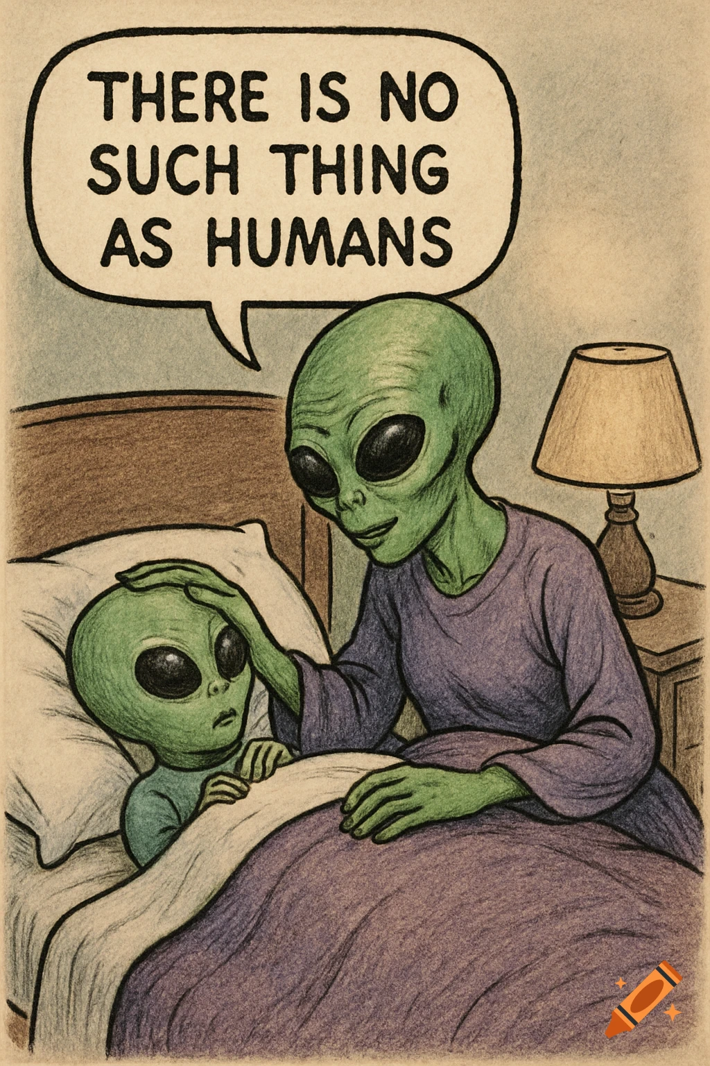 Illustration of alien parent saying 'THERE IS NO SUCH THING AS HUMANS' to child in bed.