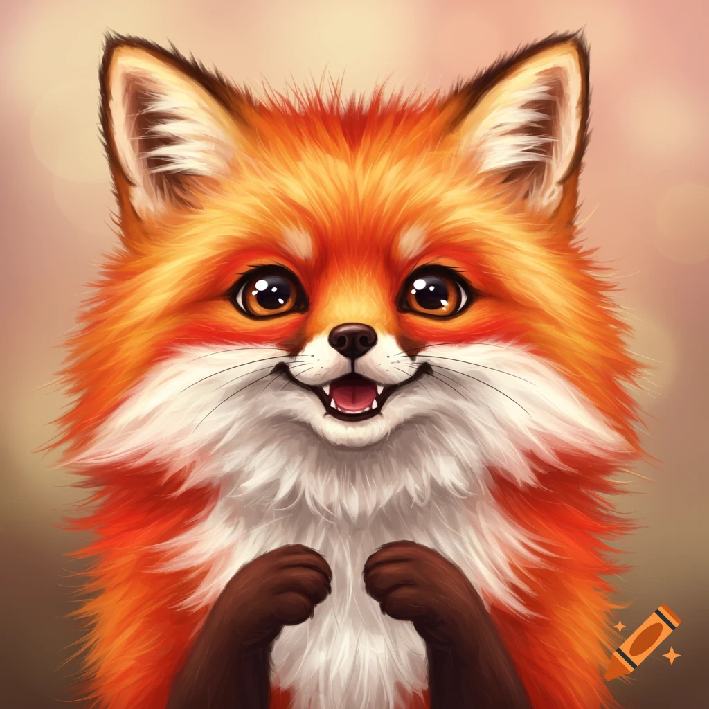 Close-up illustration of a smiling cute red fox with large eyes.
