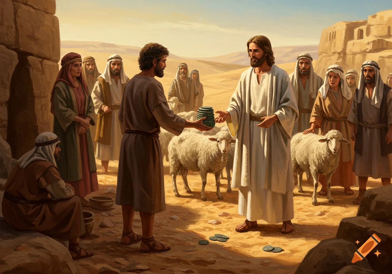 A man gives coins to another man in a desert setting with sheep and onlookers. Painterly style.