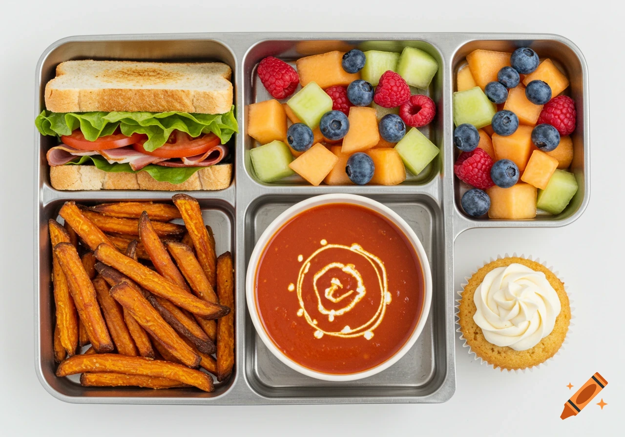 Overhead view of a lunchbox filled with a BLT sandwich, sweet potato fries, fruit salad, tomato soup, and a vanilla cupcake.