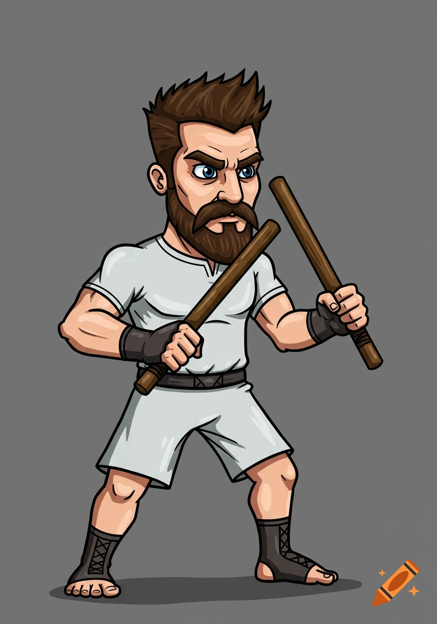 Cartoon man with beard holding two fighting sticks