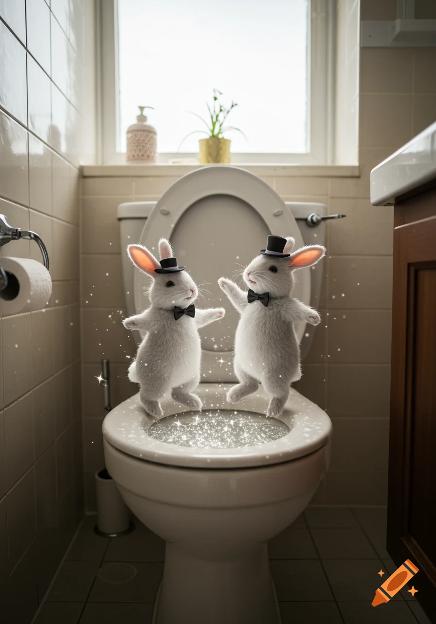 Two white bunnies in top hats and bow ties dance on a toilet with sparkles in a bathroom.