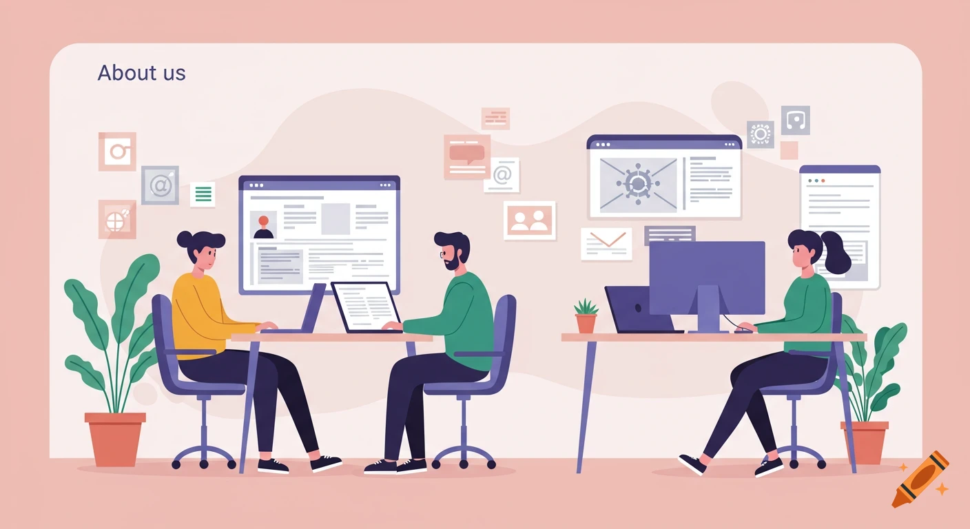 Flat style illustration of a team working on computers in a modern office.