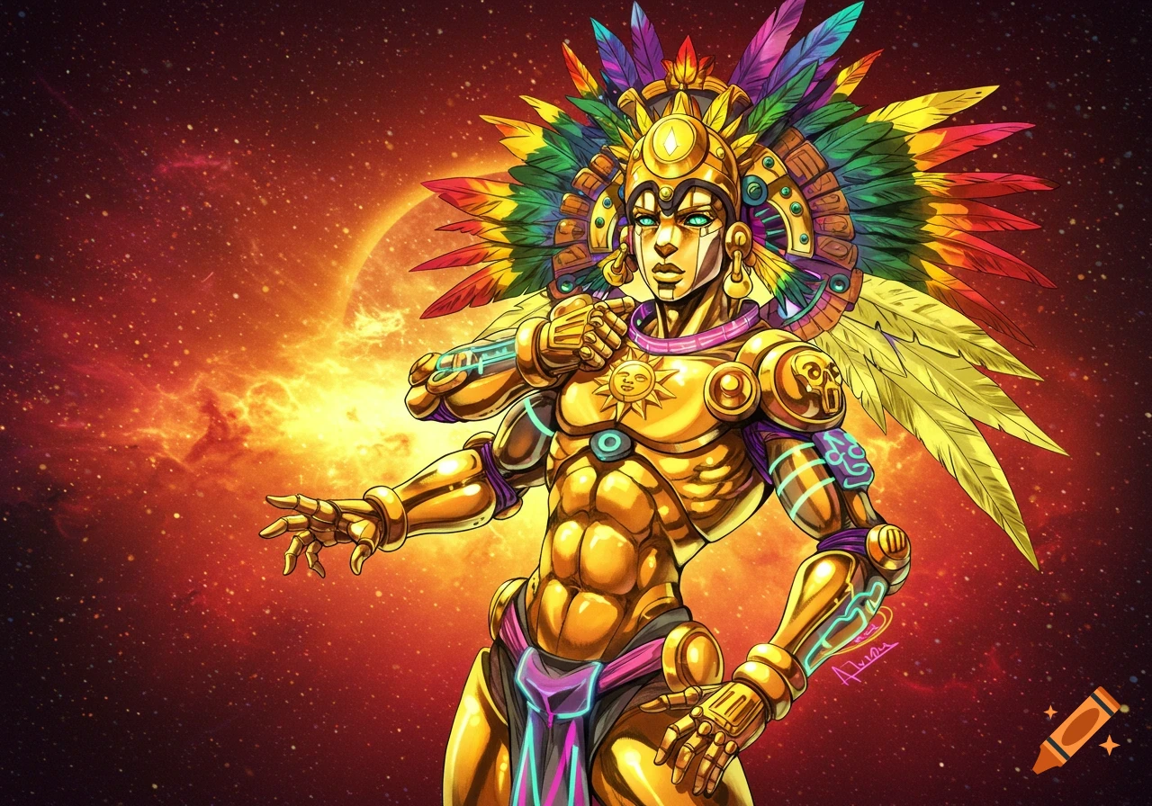 Golden humanoid figure with Aztec headdress and armor against a fiery space background in anime style