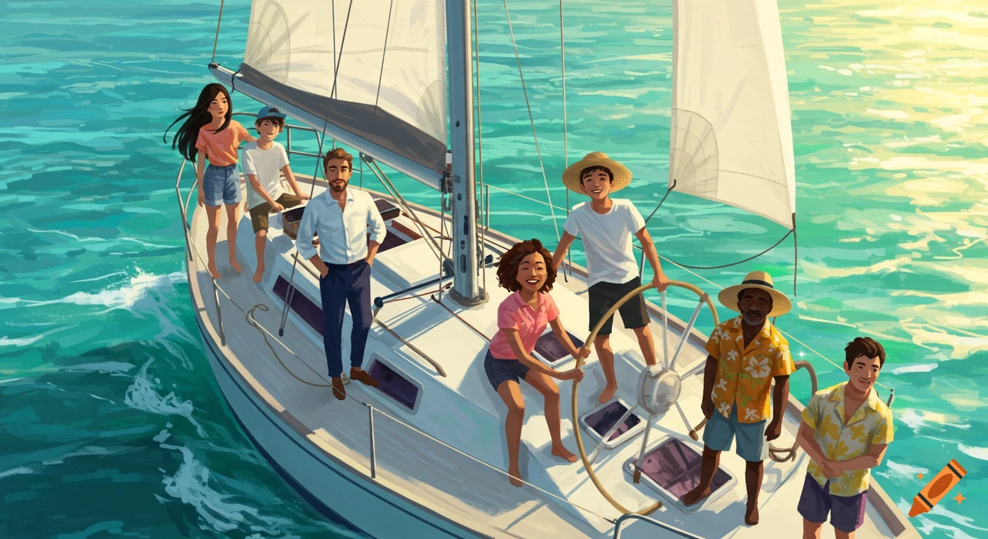 Seven people on a sailboat on bright blue water, illustration style