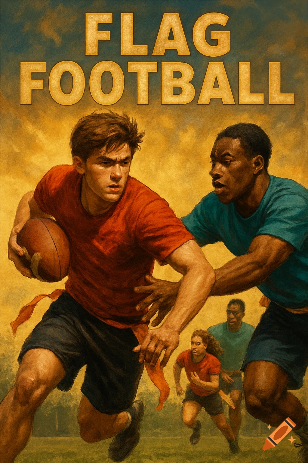 A painterly image of flag football players running with a ball, with "FLAG FOOTBALL" text above.