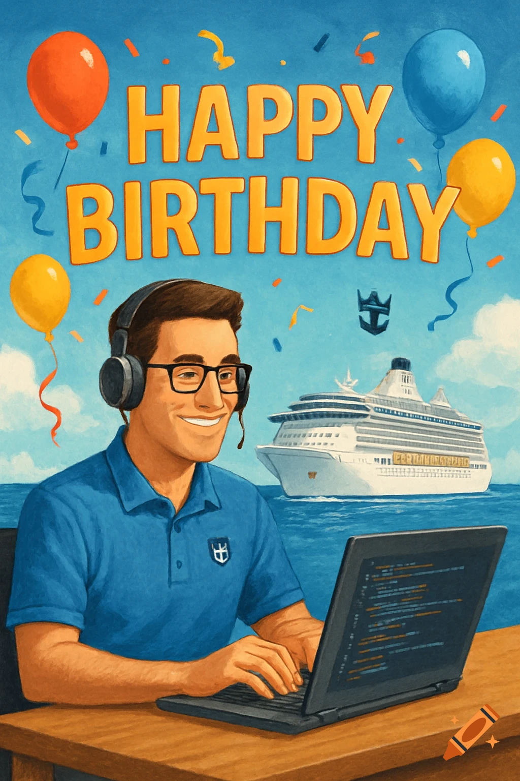 Illustration of a man with headphones on a laptop, with 'HAPPY BIRTHDAY' text, balloons, confetti, and a cruise ship.