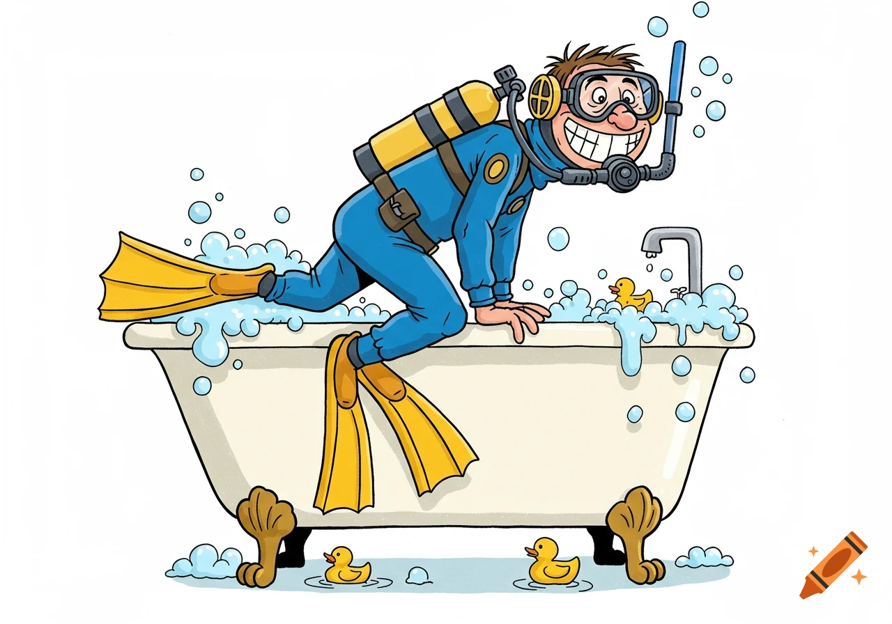 A cartoon scuba diver sits on the edge of a bathtub filled with bubbles and rubber ducks.