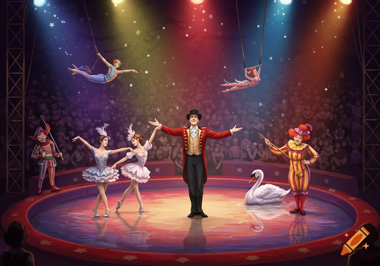 A colorful circus scene with a ringmaster, dancers, acrobats, clowns, and a swan on the performance ring.