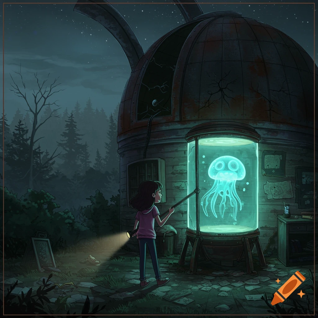 A young girl with a flashlight looks at a glowing blue jellyfish in a tank inside a dark, old observatory at night. Illustration.