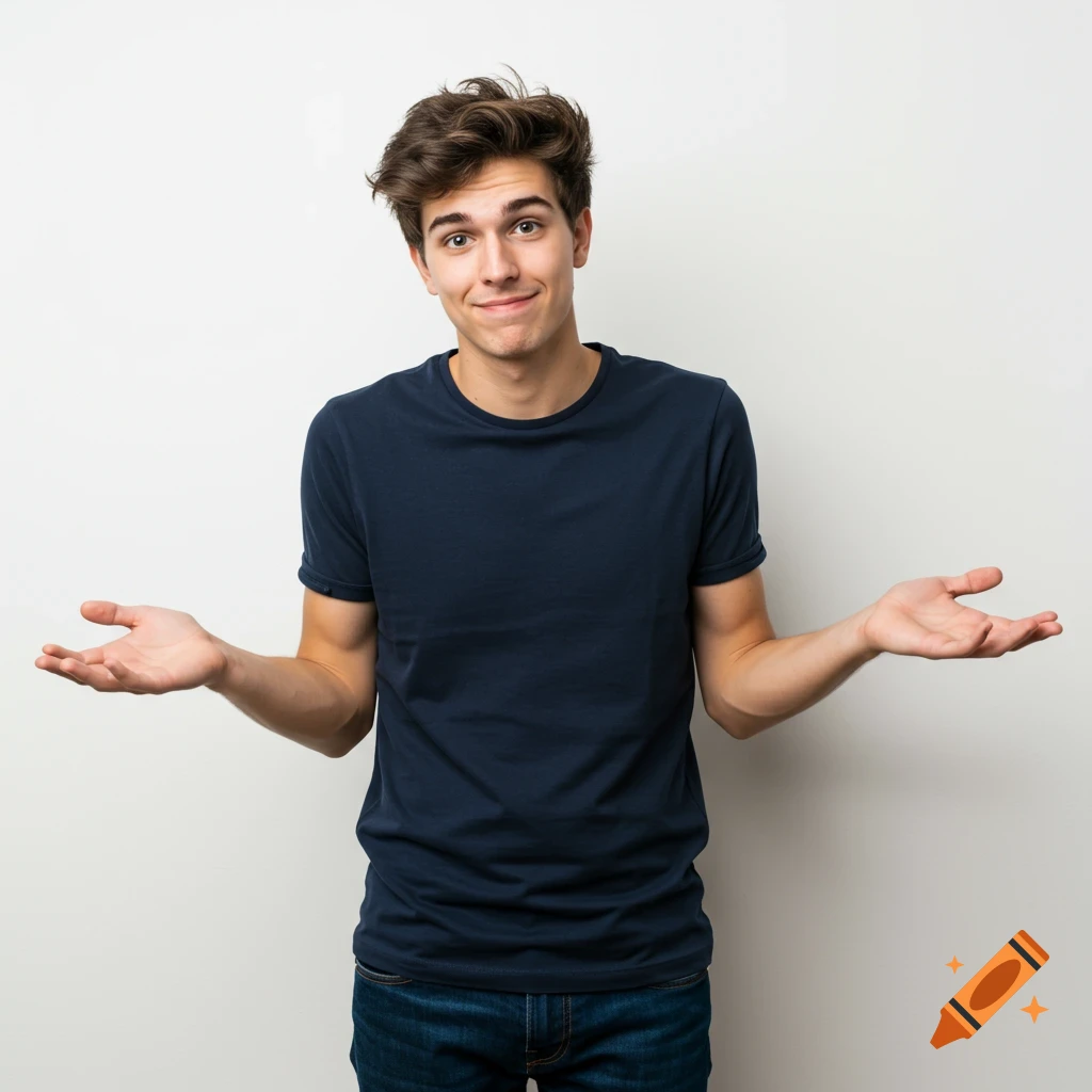 A young man shrugging with palms up and a slight smile