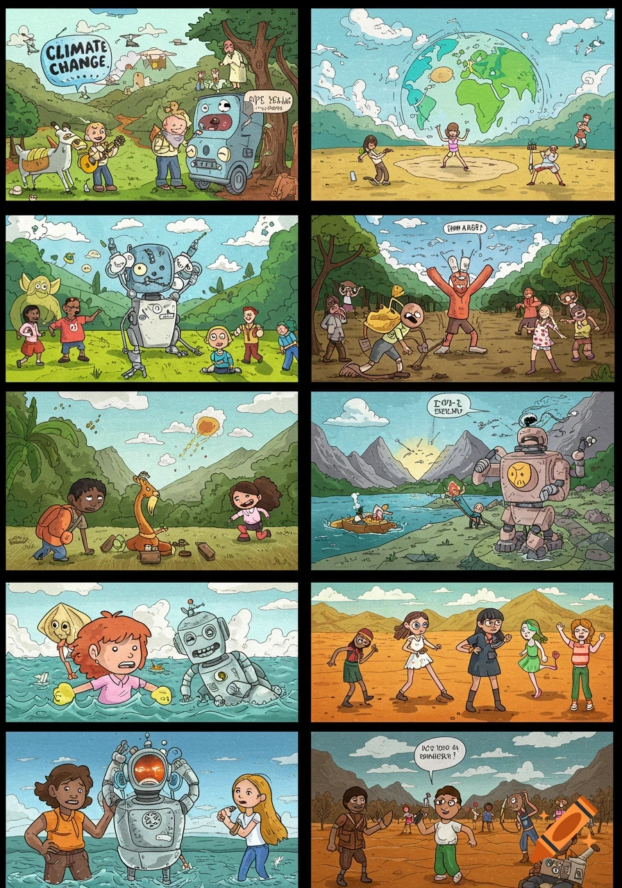 Cartoon collage depicting various scenes related to climate change and environment.