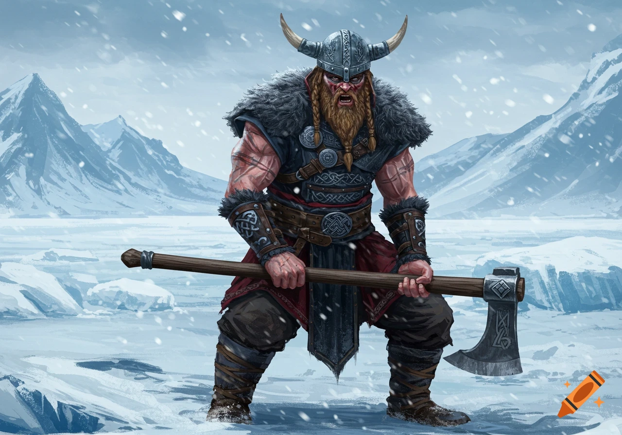 A fierce viking warrior with a horned helmet and axe stands in a snowy mountain landscape.
