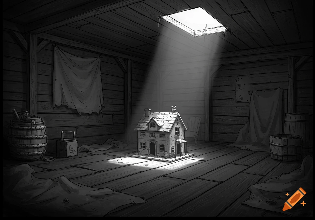 Black and white sketch of a model house in a dusty attic under a beam of light.