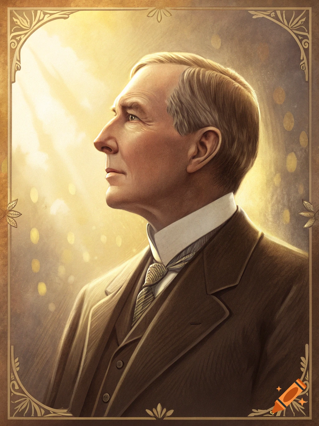 Illustrative portrait of a man in a suit looking left, with golden light and a decorative frame.